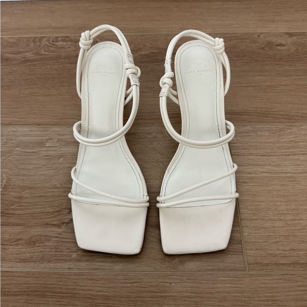Marc Fisher Davia Leather Square Toe Sandals - Ivory.